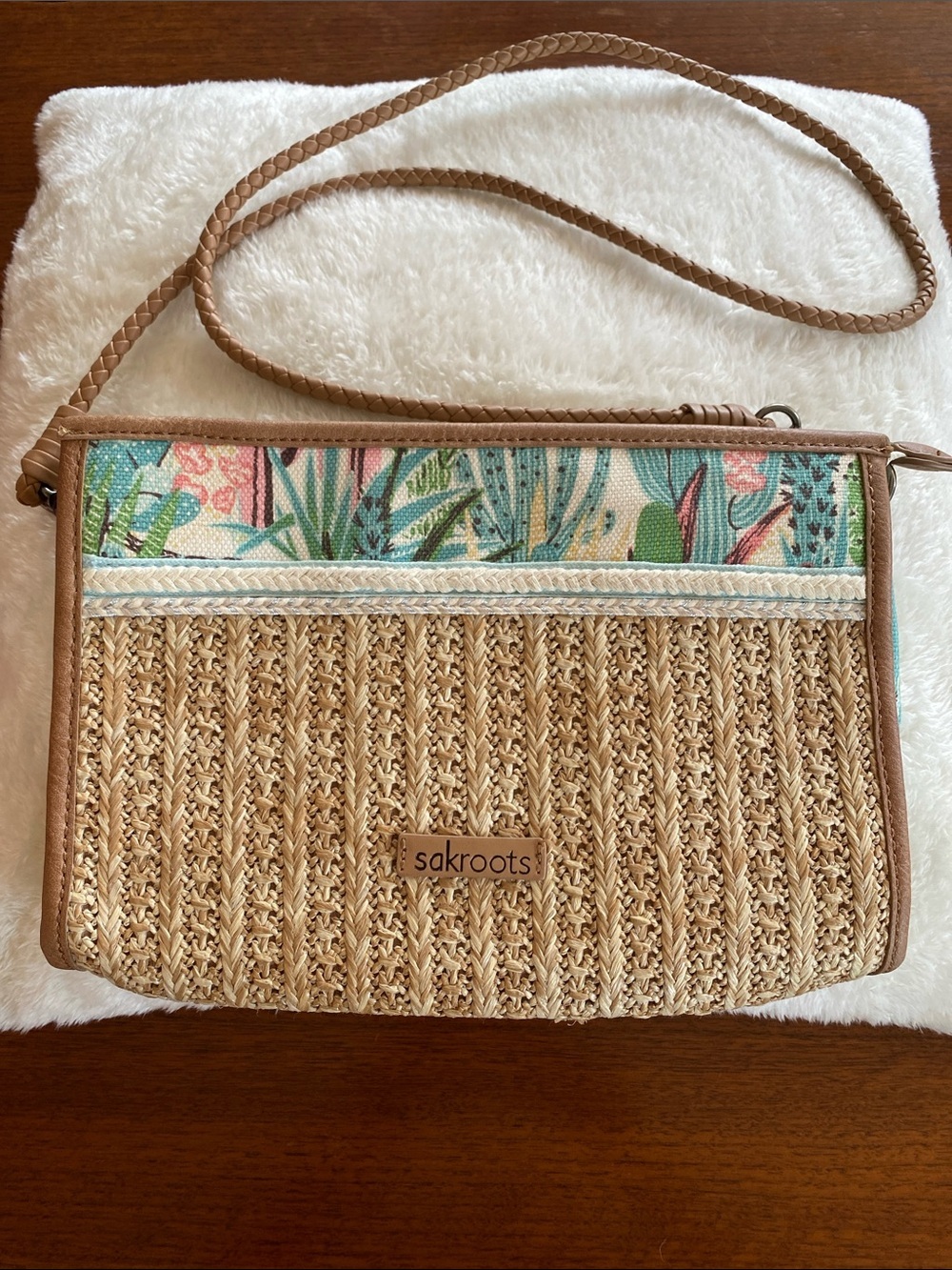 Sakroots Natural Tan Woven Crossbody with Multicolor Floral Trim